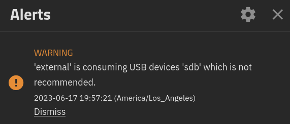 USBストレージはnot recommendedでwarning扱い